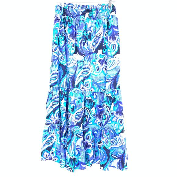 Soft Surroundings Feyre Maxi Skirt Womens Sz L Blue Paisley Print Smocked Waist